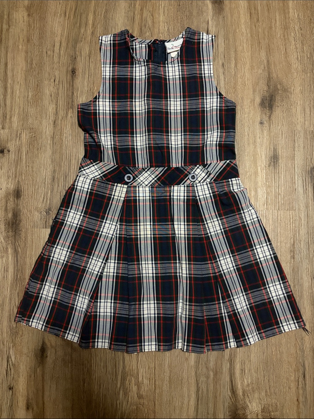 Becky Thatcher - Plaid Sleeveless Dress in Navy, Red & White - Size 7